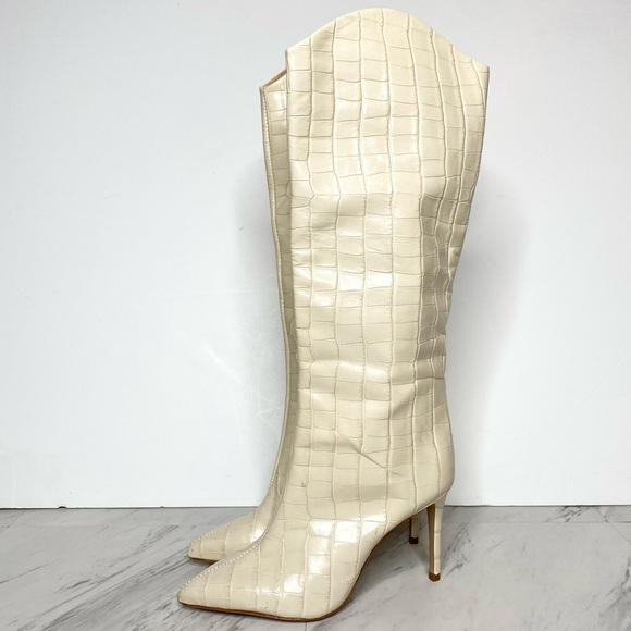 Schutz Maryana Eggshell Crocodile Embossed Leather Tall Heeled Boot 6B - Picture 1 of 16